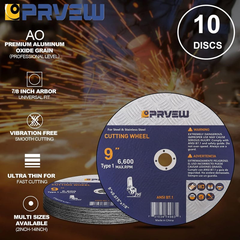 PRVEW 10-Pack Cut Off Wheels 9-Inch, 9"x0.075"x7/8" Quality Cutting Disc, Metal & Stainless Steel Aggressive Cutting Wheel for Angle Grinder, General Purpose Cut-Off Wheel(9-Inch) - Image 4